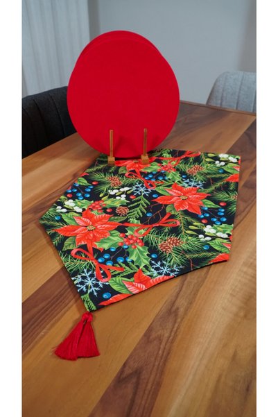 Viemso Yılbaşı Süslü Kırmızı Çiçek Desenli Püsküllü Runner, 4'lü Supla Set