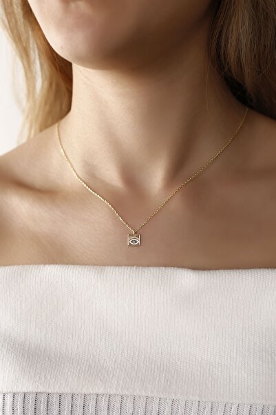 Lia Berto Altın Kaplama Kare Firuze Gözlü 925 Ayar Gümüş Kolye