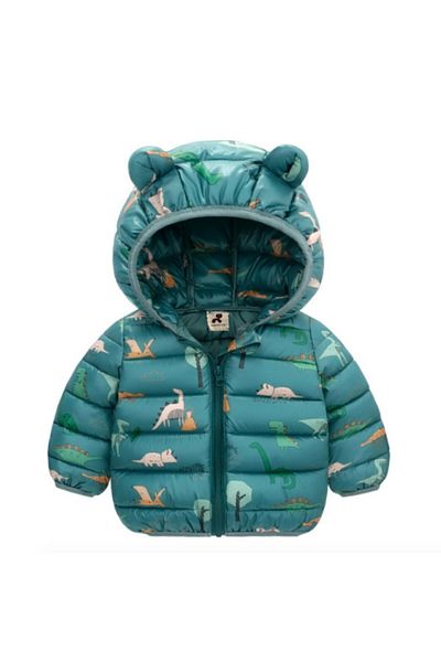 Petityu Green Dinosaur Printed Puffy Coat - Green Dino Pufudik Coat