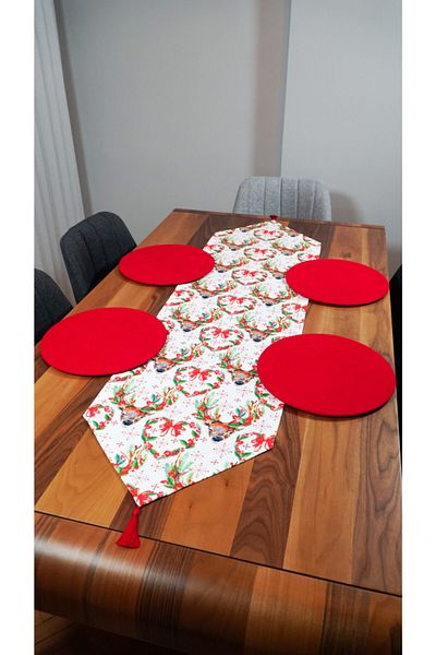Viemso New Year's Deer Patterned Tassel Runner, Set of 6 Charger Plates