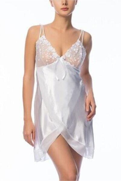 NBB Dantel Detaylı Asimetrik Kesim Saten Gecelik Sabahlık Takımı 3820