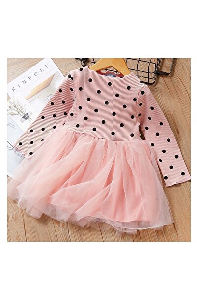Baby Buu Kız Bebek Puantiyeli Tütü Uzun Kollu Esnek Likralı Somon Elbise