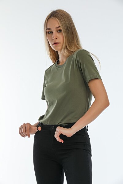 citadium تي شيرت نسائي أساسي بياقة دائرية باللون الكاكي