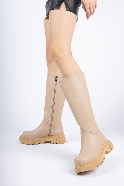 PASSAGE SHOES 5064 Γυναικείες μπότες με φερμουάρ με μπεζ δέρμα κάτω από το γόνατο