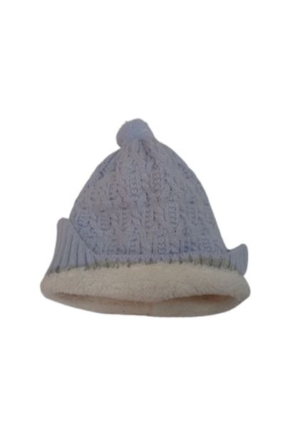 Recos Unusex Blue Gray Striped Furry Beanie with Pompom Ears