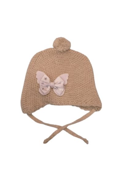 Recos Baby Girl Beige Ribbon Pompom Beret