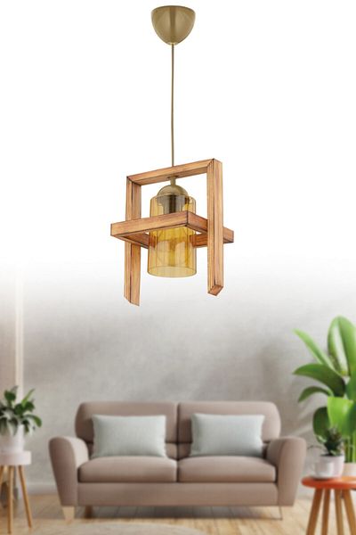 BCD TASARIM AYDINLATMA Wooden Single Twoline Pendant Lamp - Chandelier Natural Gold Lampholder, Stylish Design