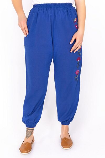ÇIKRIKÇI TEKSTİL ŞİLE BEZİ Şile Cloth Embroidered Trousers Women's Saks Blue