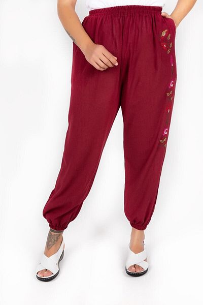 ÇIKRIKÇI TEKSTİL ŞİLE BEZİ Şile Cloth Embroidered Trousers Claret Red