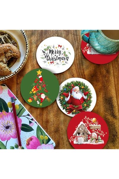 Genel Markalar Yılbaşı Serisi Yeni Yıl Dijital Baskılı 4'lü Ahşap Bardak Altlığı Model 002