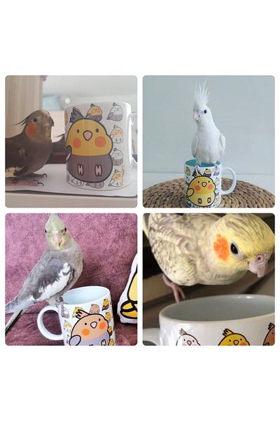 Kuşarkadaşım Cockatiel Cup Patterned Bird Mug on the Back Gift Yellow-Light Gray