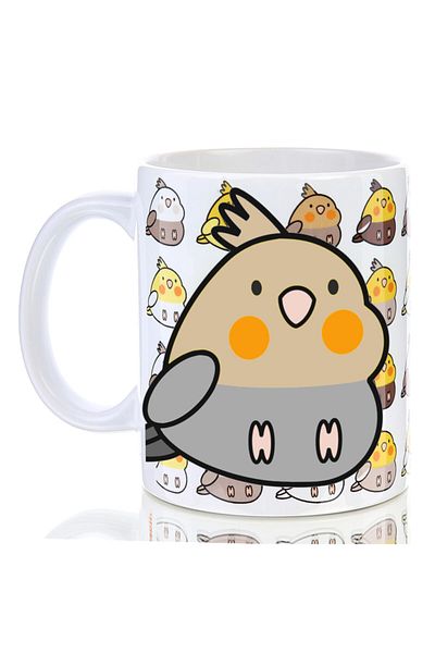 Kuşarkadaşım Cockatiel Cup Patterned Bird Mug on the Back Gift Brown Gray
