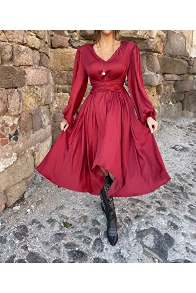 Afiş Butik Rochie elastică cu mâneci cu mâneci încrețite în talie burgundă