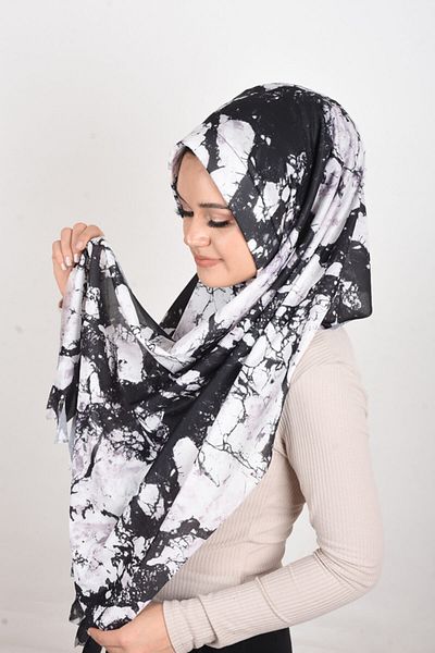 OykumBone Black and White Patterned Plseli Lycra Ready Shawl