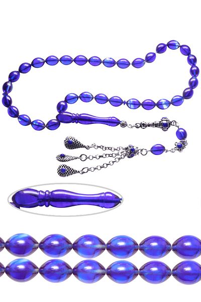 Tesbih Atölyesi Blue Colored Chubby Solid Cut Aleppo Tasseled Fire Amber Rosary