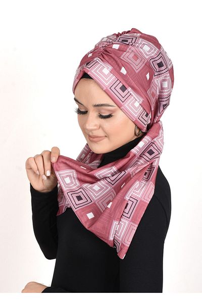 OykumBone Dark Pink Square Patterned Plseli Lycra Ready Shawl-scarf
