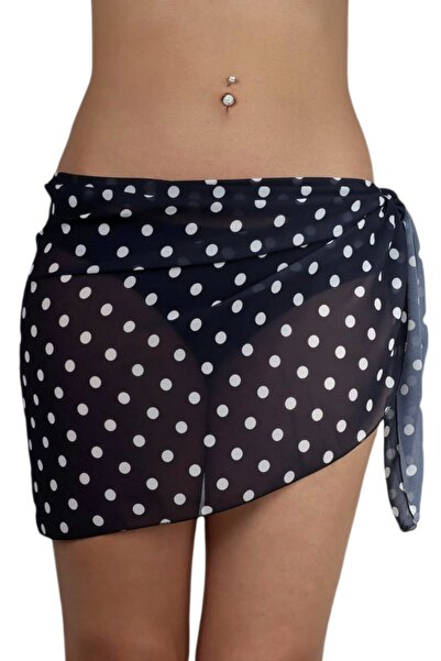 Pembe Deniz Kısa Bağlamalı Puantiyeli Lacivert Etek Pareo