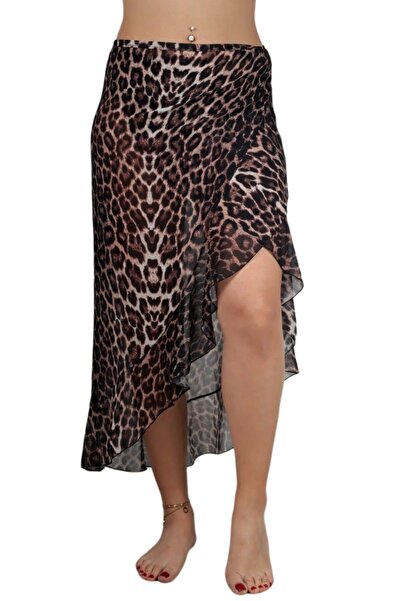 Pembe Deniz Valonlu Leopar Desenli Uzun Pareo Etek