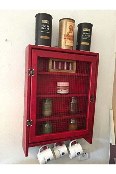 Pazarana Ahşap Özel Üretim El Işçiliği Masif Ahşap Çam Ağacı Tel Dolap 50* 65 *10 Cm Kırmızı Renk