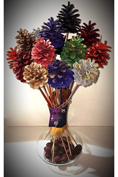 GÖKÇE-SHOP Özel Tasarım 6 Adet Bambu Çubuk Karışık Simli Kozalak Buketi