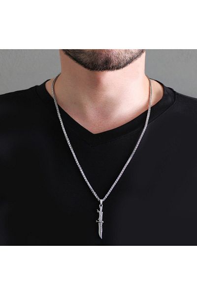 Tesbihane Wedge Design Silver Color Steel Men's Necklace