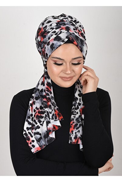 OykumBone Red Leopard Print Sandy Fabric Lycra Premade Shawl-Scarf-Bone