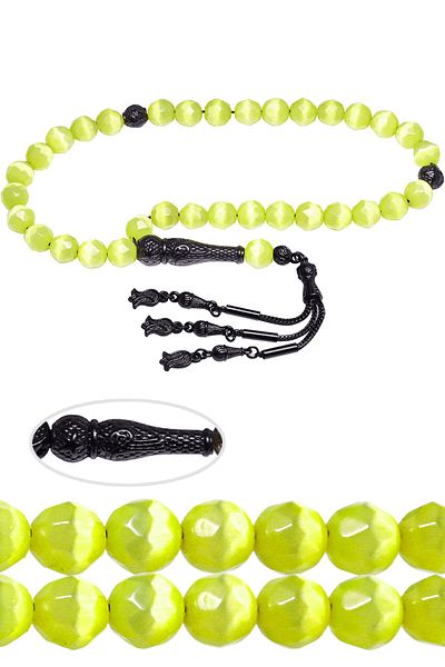 Tesbih Atölyesi Green Natural Cat's Eye Prayer Beads with Certified Black Nickel Tassels