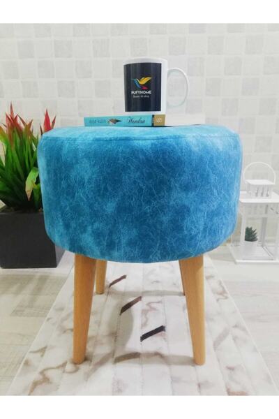 PufyHome Etna Fix (4 Ayaklı ) Mavi Doğal Gürgen Ayaklı Çok Amaçlı Rahat Puf K...