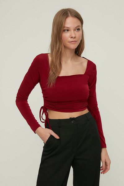 Trendyol Collection Burgundy Square Neck Gather Detailed Fitted Crop Stretchy Knitted Blouse TWOAW22BZ0263