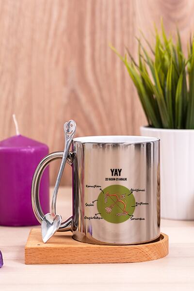 Procity Yay Burcuna Hediye Ahşap Altlıklı Kaşıklı Silver Kupa Bardak