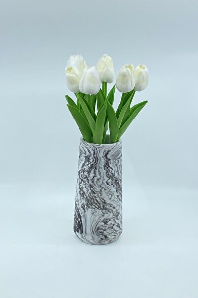 thebouqet مزهرية خرسانية منقوشة بالرخام مقاس 20 سم، 7 فروع من التوليب الرطب ا...