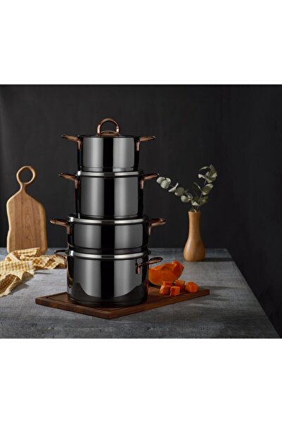 OMS PASLANMAZ Oms Jet Black Steel 8 Piece Steel Cylinder Pot Set Balbal