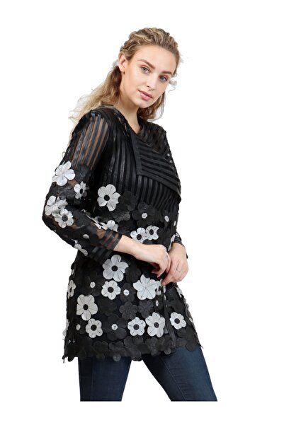 Zamback Papatya Desenli Deri Süslemeli Ceket