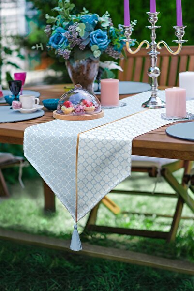 Realhomes Mavi & Beyaz Ogea Desenli Dijital Baskılı Dekoratif Püsküllü Şönil ...