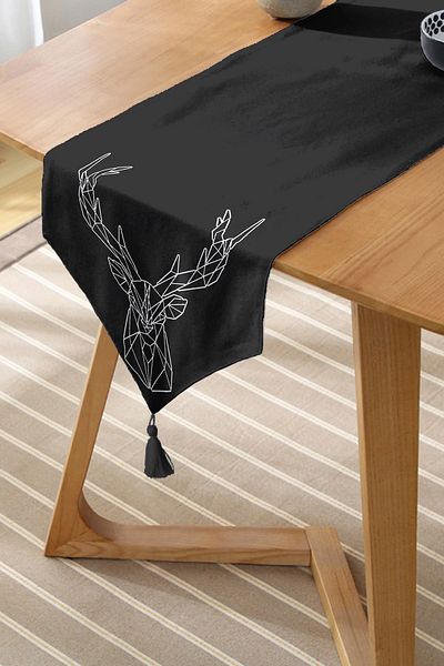 Realhomes Modern Tufted Chenille Triangle Runner with Black Background and Geometric Deer Drawing