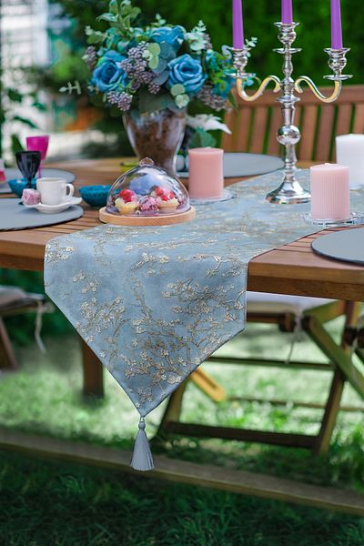 Realhomes Oil Paint Blue Tree Motifs Digital Printed Tasseled Chenille Triangle Runner