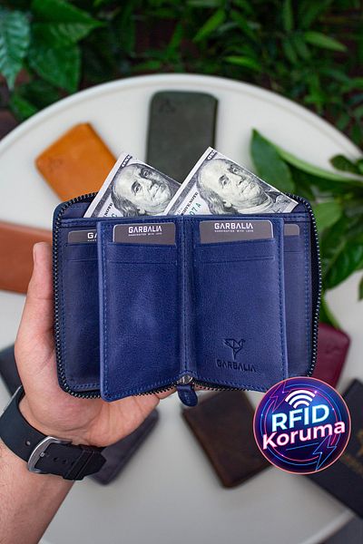 Garbalia Fargo Vintage Leather Rfid Blocking Zippered Navy Blue Unisex Card Holder Wallet