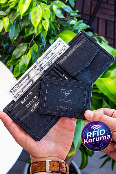 Garbalia Притежател на карта за Rfid блокиращ черен портфейл от естествена кожа Cangaroo