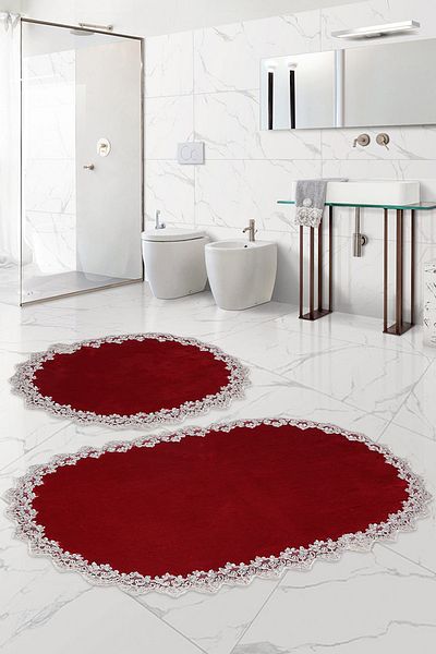 Bonny Home Σετ χαλάκι μπάνιου Venus Claret Red 2 τεμαχίων με δαντέλα Σετ καθίσματος τουαλέτας Dowry