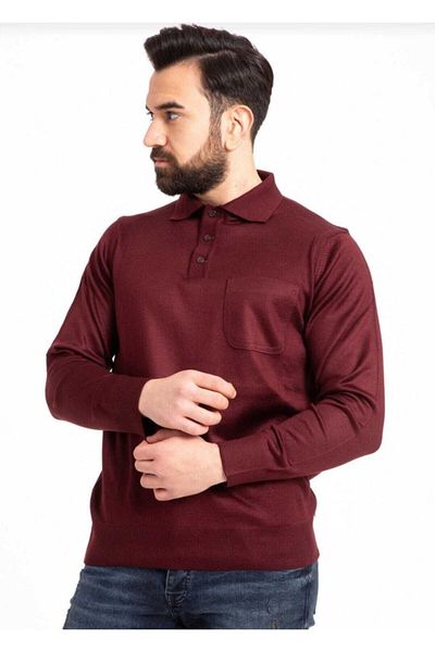 HMZ GİYİM Men's Claret Red Thin Knitwear Knitted Polo Collar Dad Sweater