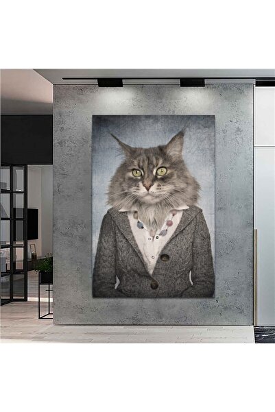Sebenta Extra Dev Boyut Dekoratif Kıyafet Giymiş Kedi Kanvas Tablo (100cm X 150cm)