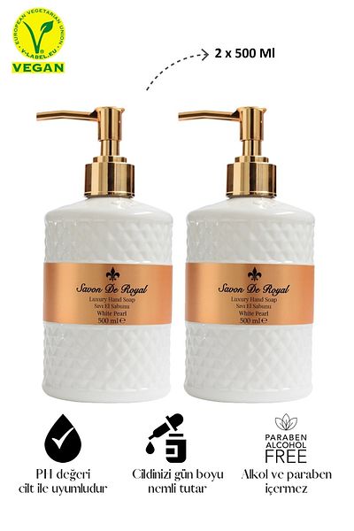 Savon De Royal Luxury Vegan Liquid Soap White Pearl 500 ml 2 Pieces, Musk, Vanilla