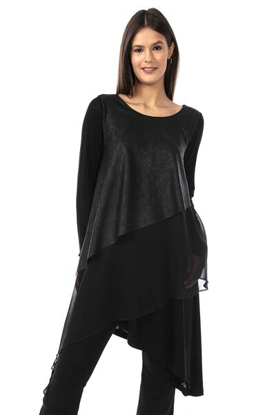 EtkiModa Γυναικείο μαύρο τουνίκ μεγάλου μεγέθους από σιφόν και δερμάτινη διακ...