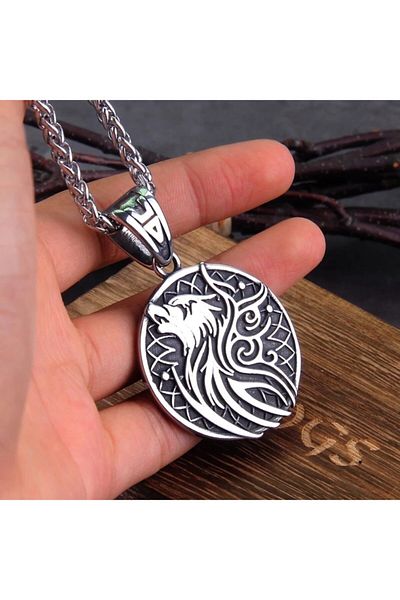 Viking Scandinavian Fenrir Design Nordic Double Sided & Mesh Chain 316L Steel Necklace