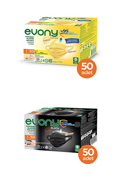 Evony Color Sarı Yumuşak Elastik Kulaklı Maske 50 Adet + Siyah Elastik Kulakl...