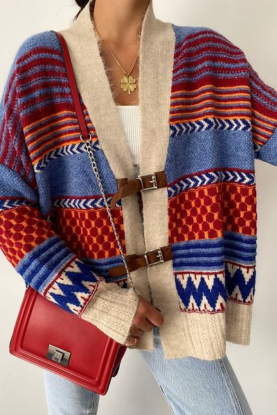 Suzi butik Cardigan de damă din piele detaliată bleumarin, roșu, bej, cu model
