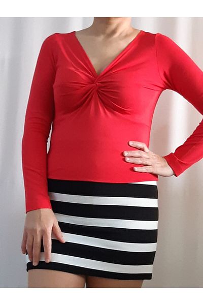 Mertcan Butik Red Long Sleeve T-Shirt with Twisted Front