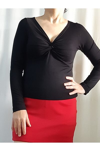 Mertcan Butik Long Sleeve Black T-Shirt with Twisted Front