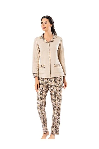 Şahinler Beige Intuitive Front Buttoned Long Sleeve Women's Pajama Set