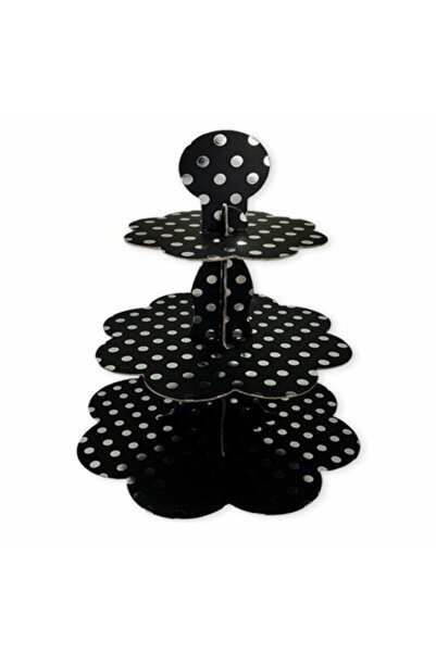 Parti dolabı Puantiyeli Siyah Gümüş Cupcake Standı Kek Standı 3 Katlı